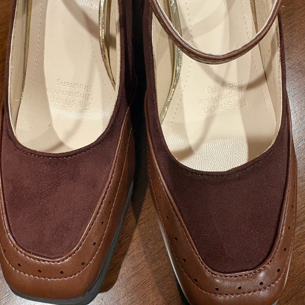 VINTAGE Brown Leather Suede Two-Tone Mary Jane Square-Toe Chunky Mid-Heel Shoes - Picture 6 of 11